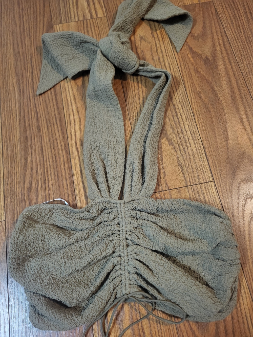L'Academie Olive Green Textured Tie-Back Bandeau Halter Top